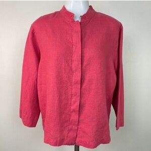 Bryn Walker Top Large 100% Linen Dark Pink Button-Front 3/4 Sleeve Blouse Womens